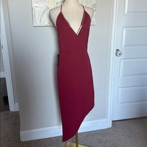 NWT Bebe Dark Red asymmetrical hardware neckline dress 🌹 Sz M